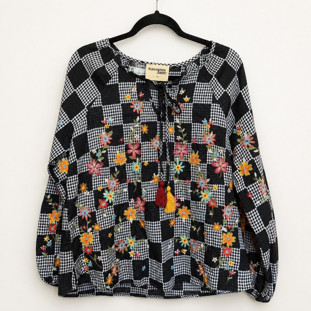 Savanna Jane Black and White Gingham Floral Embroidered Peasant Top